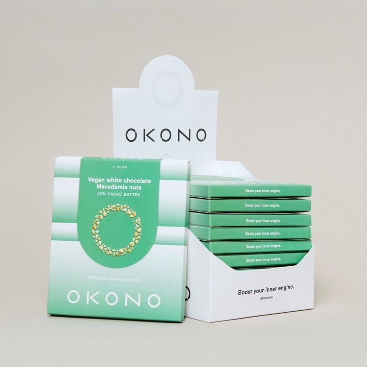 OKONO – Vegan witte chocolade Macademia noten (doos)
